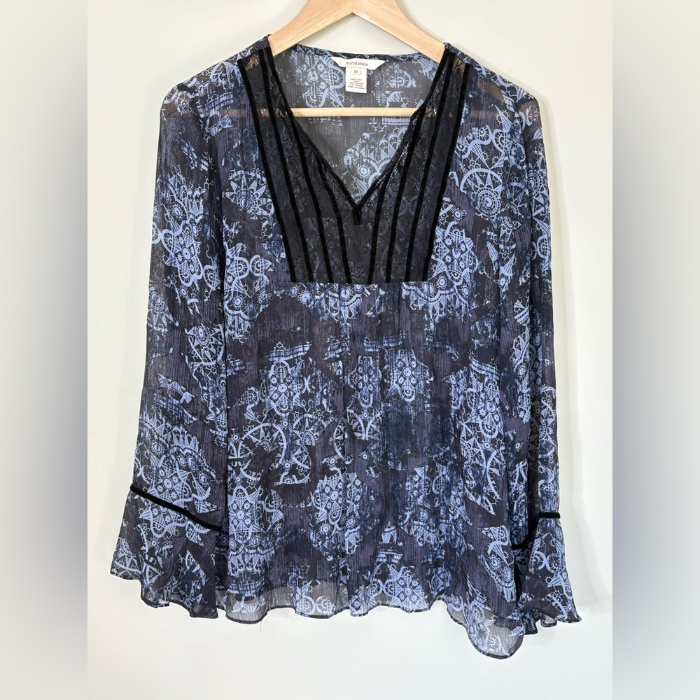 Sundance Silk Blue Print Blouse Bell Sleeves Sheer Size 10